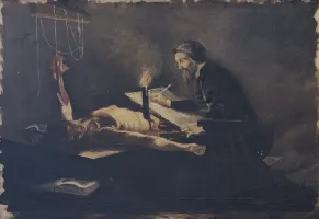 Obra de titulada MIGUEL ANGEL HACIENDO UN DIBUJO DE ANATOMIA ANTE UN CADAVER